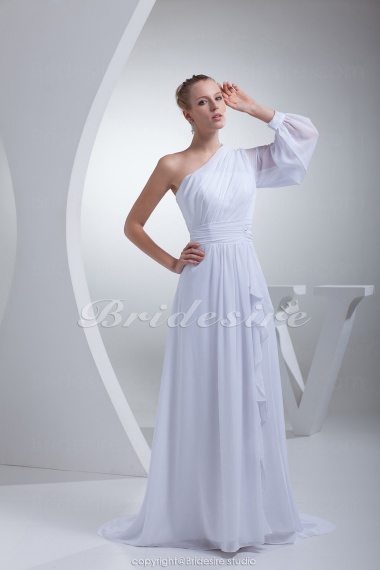 Sheath/Column One Shoulder Court Train Long Sleeve Chiffon Wedding Dress