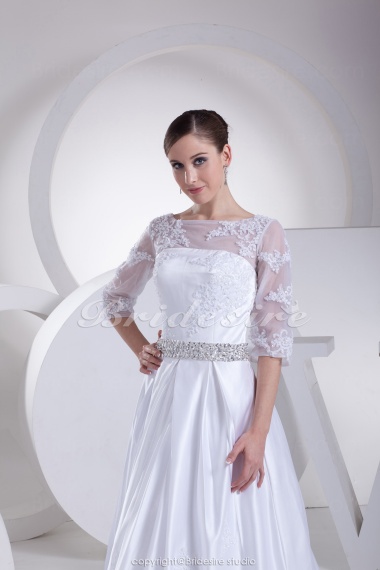A-line Bateau Chapel Train Half Sleeve Satin Wedding Dress
