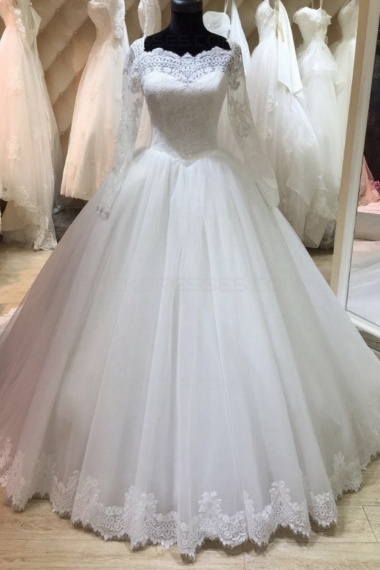 Ball Gown Square Long Sleeve Tulle Wedding Dress