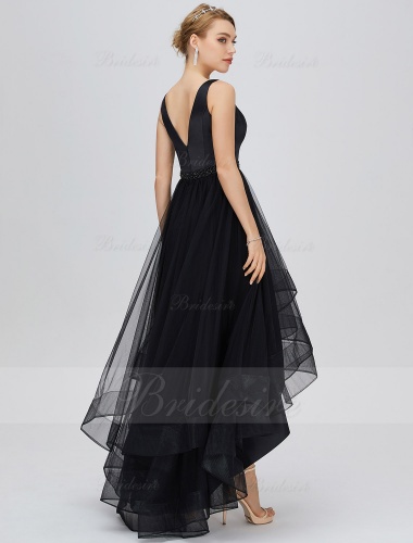 A-line V-neck Asymmetrical Tulle Evening Dress