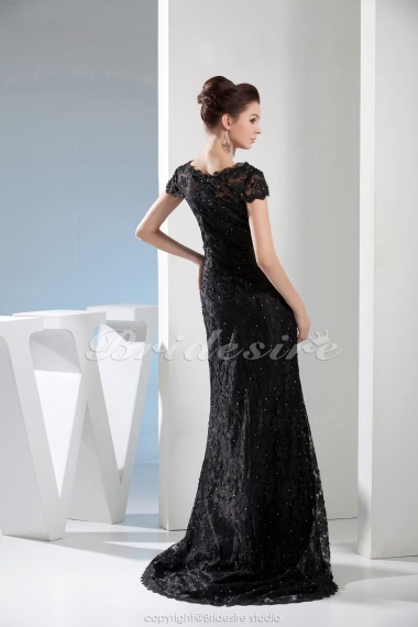 A-line V-neck Floor-length Short Sleeve Lace Dress