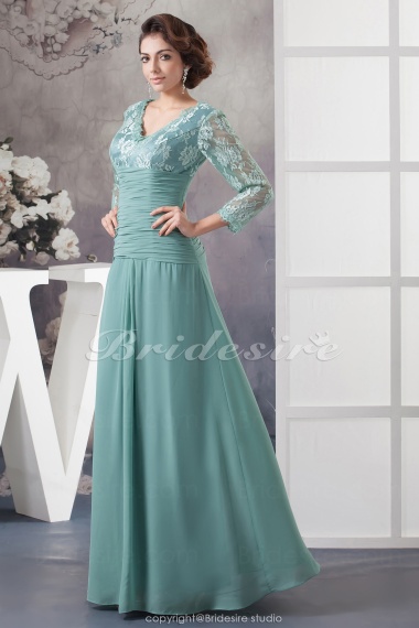A-line V-neck Floor-length 3/4 Length Sleeve Chiffon Lace Mother of the Bride Dress
