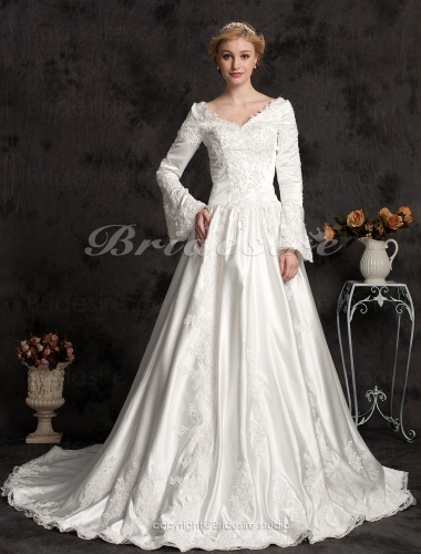 Ball Gown Long Satin Sleeve Luxury V-neck Wedding Dress With Beaded Appliques