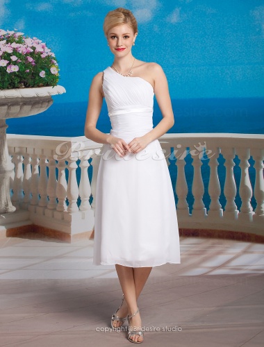 Sheath/ Column Chiffon Tea-length One Shoulder Wedding Dress