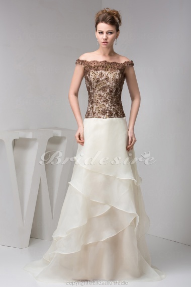 A-line Off-the-shoulder Sweep Train Sleeveless Organza Lace Dress