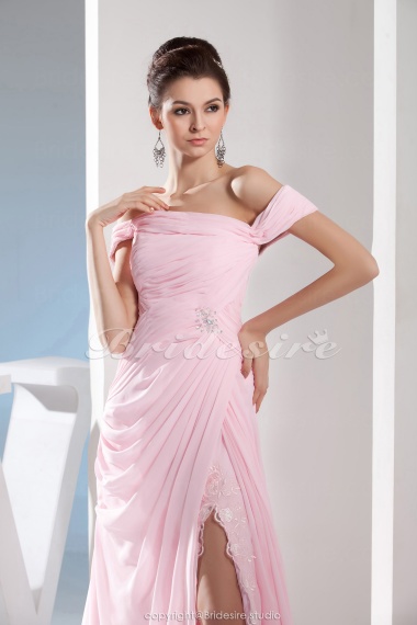 A-line Off-the-shoulder Floor-length Sweep/Brush Train Sleeveless Chiffon Dress