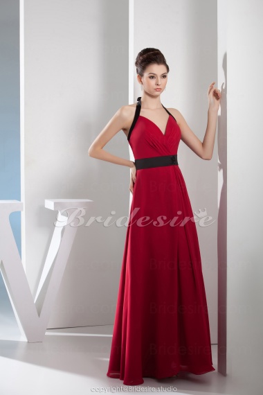 A-line Halter Floor-length Sleeveless Satin Chiffon Dress