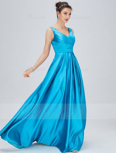 A-line V-neck Floor-length Satin Prom Dress