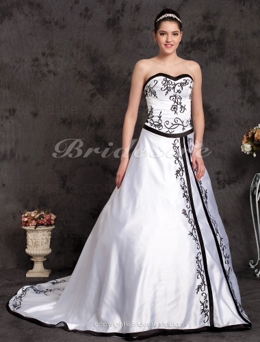 A-line Court Train Satin Sweetheart Wedding Dress with Split Front