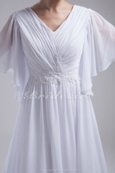 A-line V-neck Sweep Train Half Sleeve Chiffon Wedding Dress