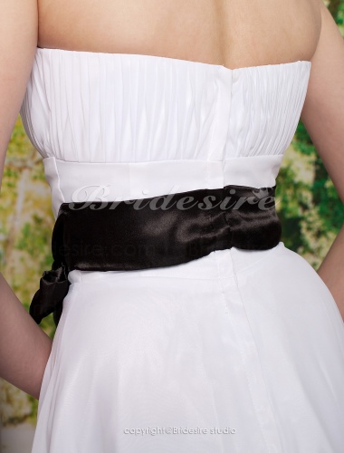 A-line Over Elastic Woven Satin Tea-length Chiffon Strapless Wedding Dress with Ribbon