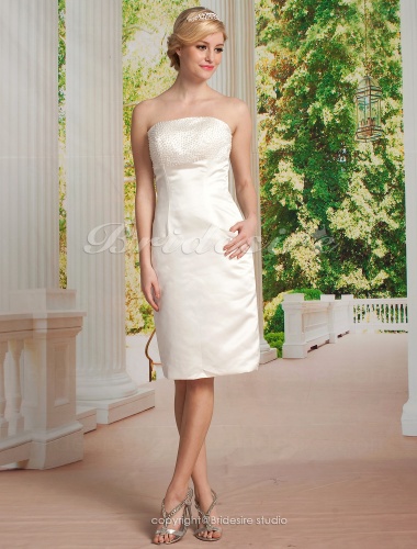 Sheath/ Column Satin Knee-length Strapless Wedding Dress With Removable Watteau Train