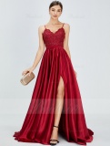 Ball Gown V-neck Sweep/Brush Train Satin Prom Dress with Split Front