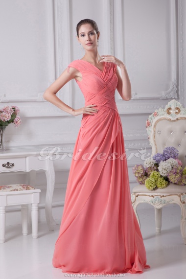 A-line V-neck Sweep Train Sleeveless Chiffon Mother of the Bride Dress