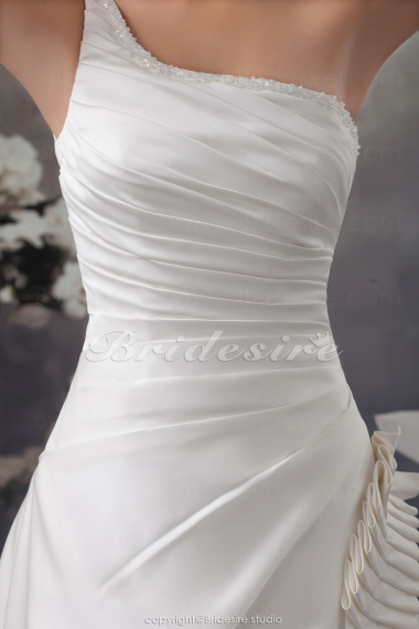 A-line One Shoulder Court Train Sleeveless Satin Wedding Dress