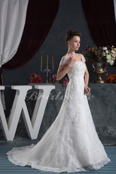 A-line Strapless Floor-length Sweep Train Short Sleeve Satin Lace Wedding Dress