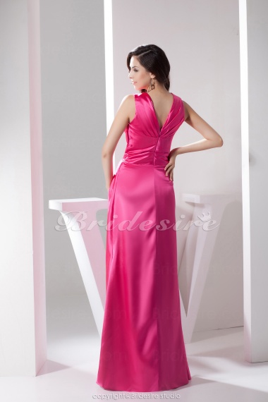 A-line V-neck Floor-length Sleeveless Satin Bridesmaid Dress