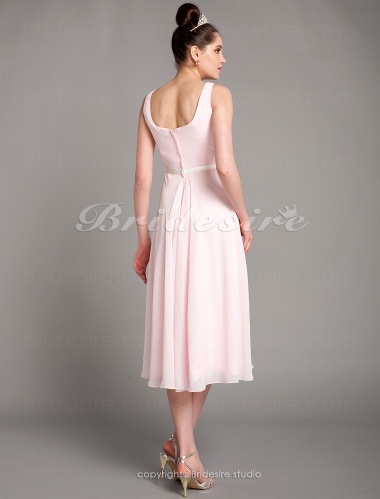 Sheath/Column Satin Tea-length Scoop Bridesmaid Dress