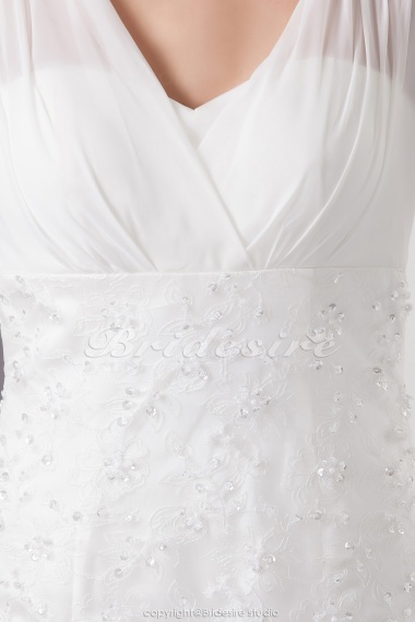 A-line V-neck Court Train Sleeveless Chiffon Lace Wedding Dress