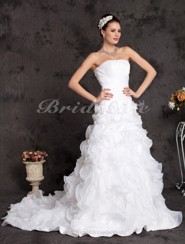 A-line Organza Satin Court Train Strapless Wedding Dress