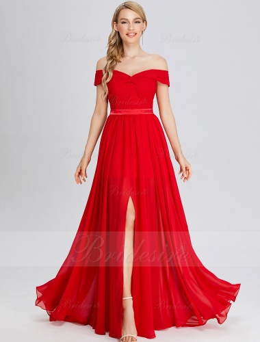 A-line Off-the-shoulder Sleeveless Chiffon Evening Dress with Split Front