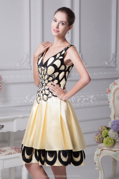 A-line V-neck Knee-length Sleeveless Satin Dress