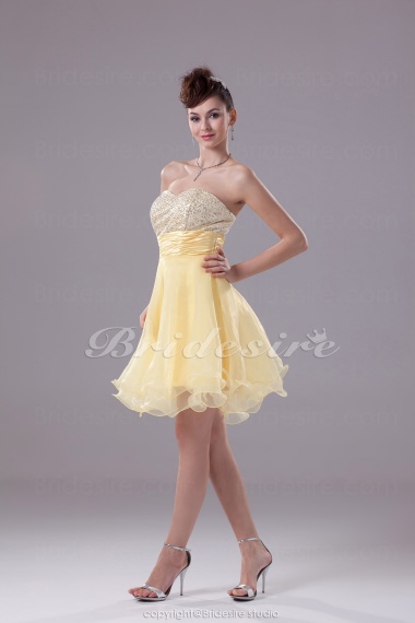 A-line Sweetheart Short/Mini Sleeveless Sequined Stretch Satin Organza Dress