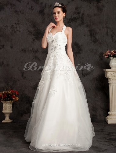 Ball Gown Chapel Train Satin And Tulle Halter Wedding Dress
