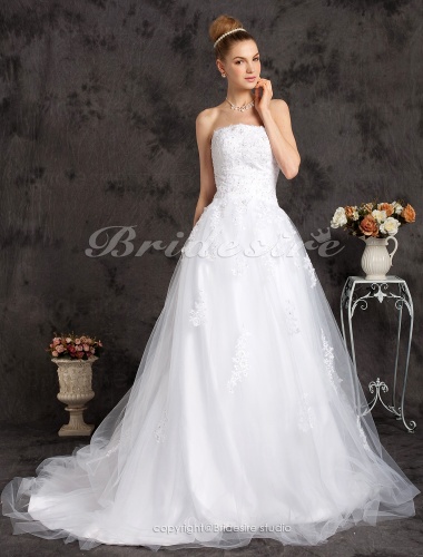 A-line Tulle Satin Chapel Train Strapless Wedding Dress