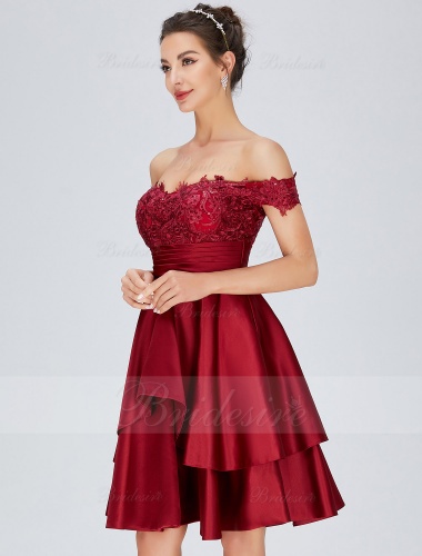 A-line Off-the-shoulder Knee-length Satin Prom Dress with Lace