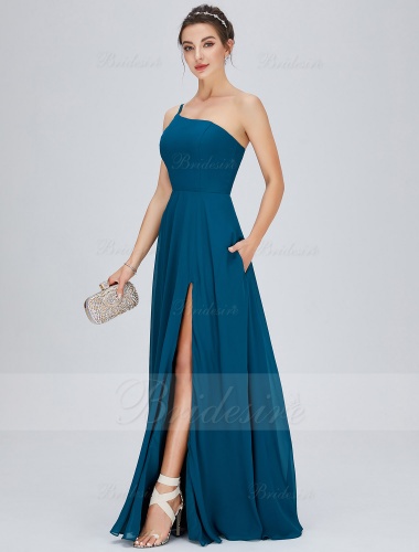 A-line One Shoulder Floor-length Chiffon Prom Dress with Split Front