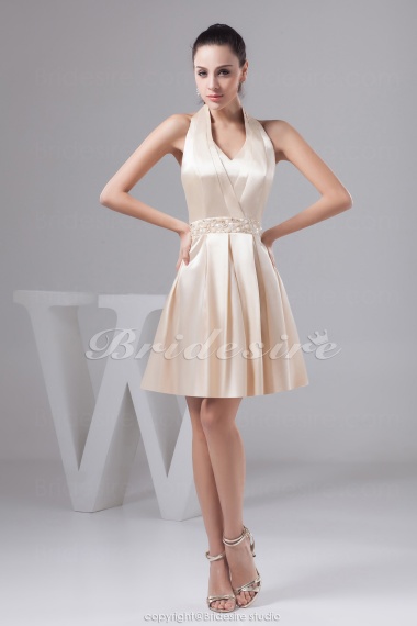 A-line Halter Short/Mini Sleeveless Satin Dress