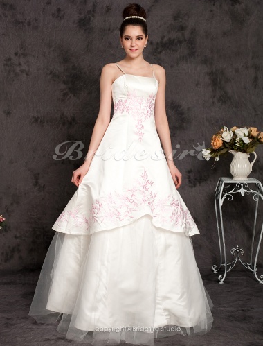 A-line / Princess Satin Sleeveless Floor-length Spaghetti Straps Wedding Dress