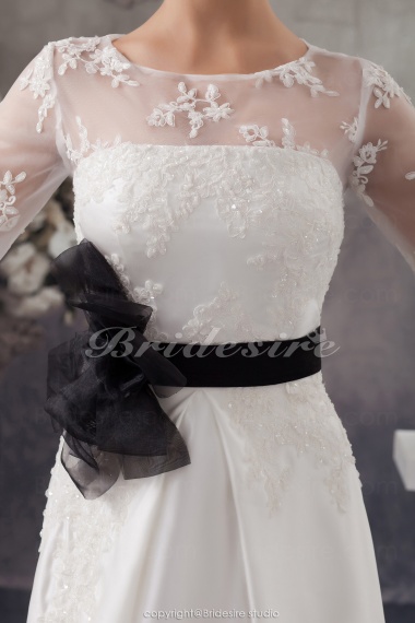 A-line Jewel Floor-length Half Sleeve Satin Wedding Dress