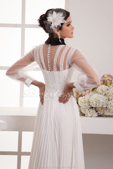A-line High Neck Floor-length 3/4 Length Sleeve Chiffon Wedding Dress