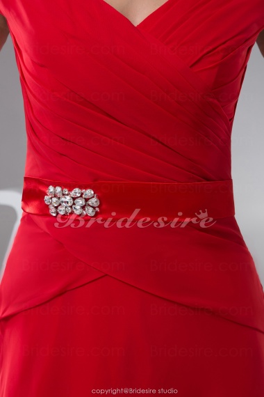 A-line V-neck Floor-length Short Sleeve Chiffon Satin Bridesmaid Dress