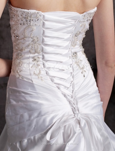 A-line Cathedral Train Embroidery Satin Strapless Wedding Dress