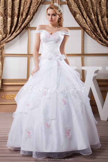 Princess Off-the-shoulder Floor-length Sleeveless Satin Organza Wedding Dress