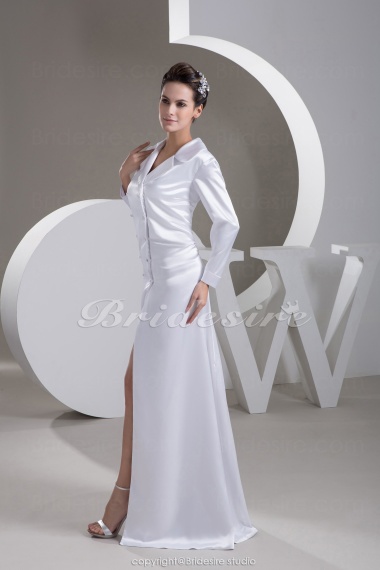A-line V-neck Floor-length Long Sleeve Stretch Satin Mother of the Bride Dress