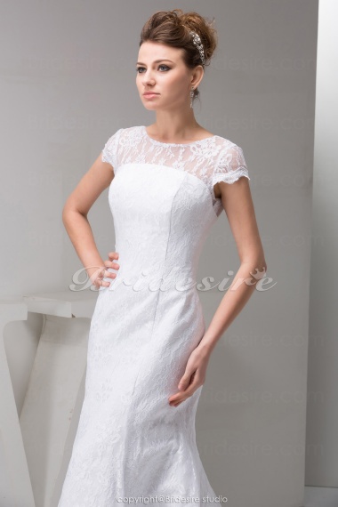 A-line Scoop Court Train Short Sleeve Lace Wedding Dress