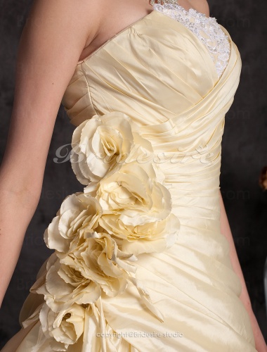 A-line Taffeta Strapless Cathedral Train Wedding Dress with Flowers