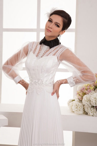 A-line High Neck Floor-length 3/4 Length Sleeve Chiffon Wedding Dress