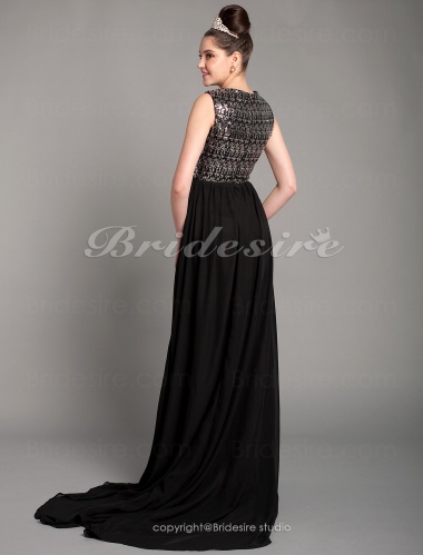 A-line Chiffon Sweep/Brush Train Jewel Evening Dress With Split Front inspired by Ziyi Zhang at the 84th Oscar