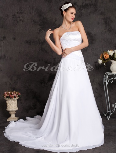 Ball Gown Chiffon Over Satin Cathedral Train Strapless Wedding Dress