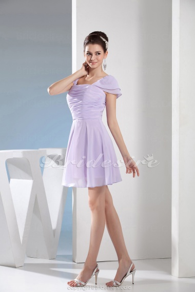 A-line Square Short/Mini Short Sleeve Chiffon Bridesmaid Dress