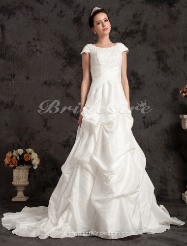 A-line Princess Taffeta Court Train Scoop Wedding Dress With Beaded Appliques