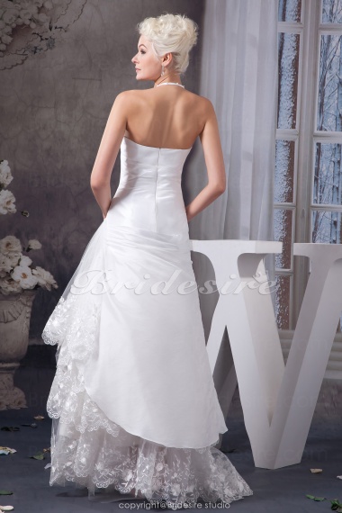 A-line Halter Floor-length Sleeveless Satin Lace Wedding Dress