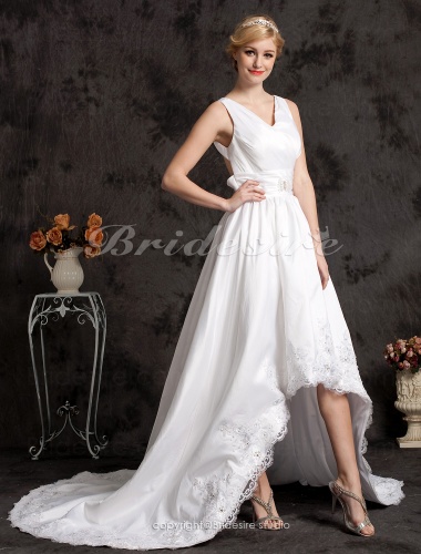A-line Asymmetrical Taffeta And Lace Court Train V-neck Wedding Dress 