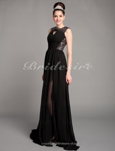 A-line Chiffon Sweep/Brush Train Jewel Evening Dress With Split Front inspired by Ziyi Zhang at the 84th Oscar