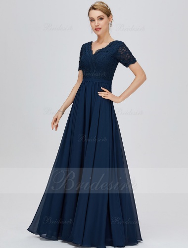 A-line V-neck Floor-length Short Sleeve Chiffon Bridesmaid Dress with Lace